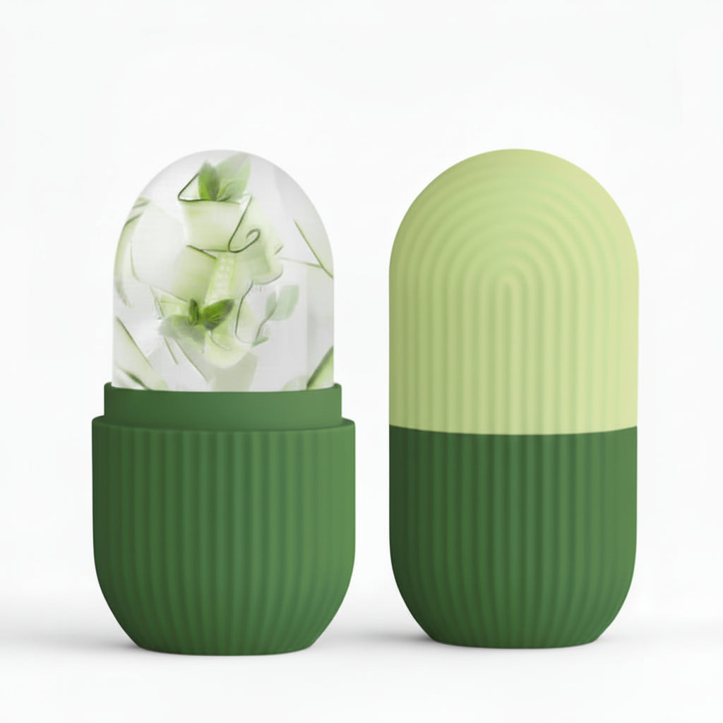 Green and white container with ice cubes and water splashes on a light gray background