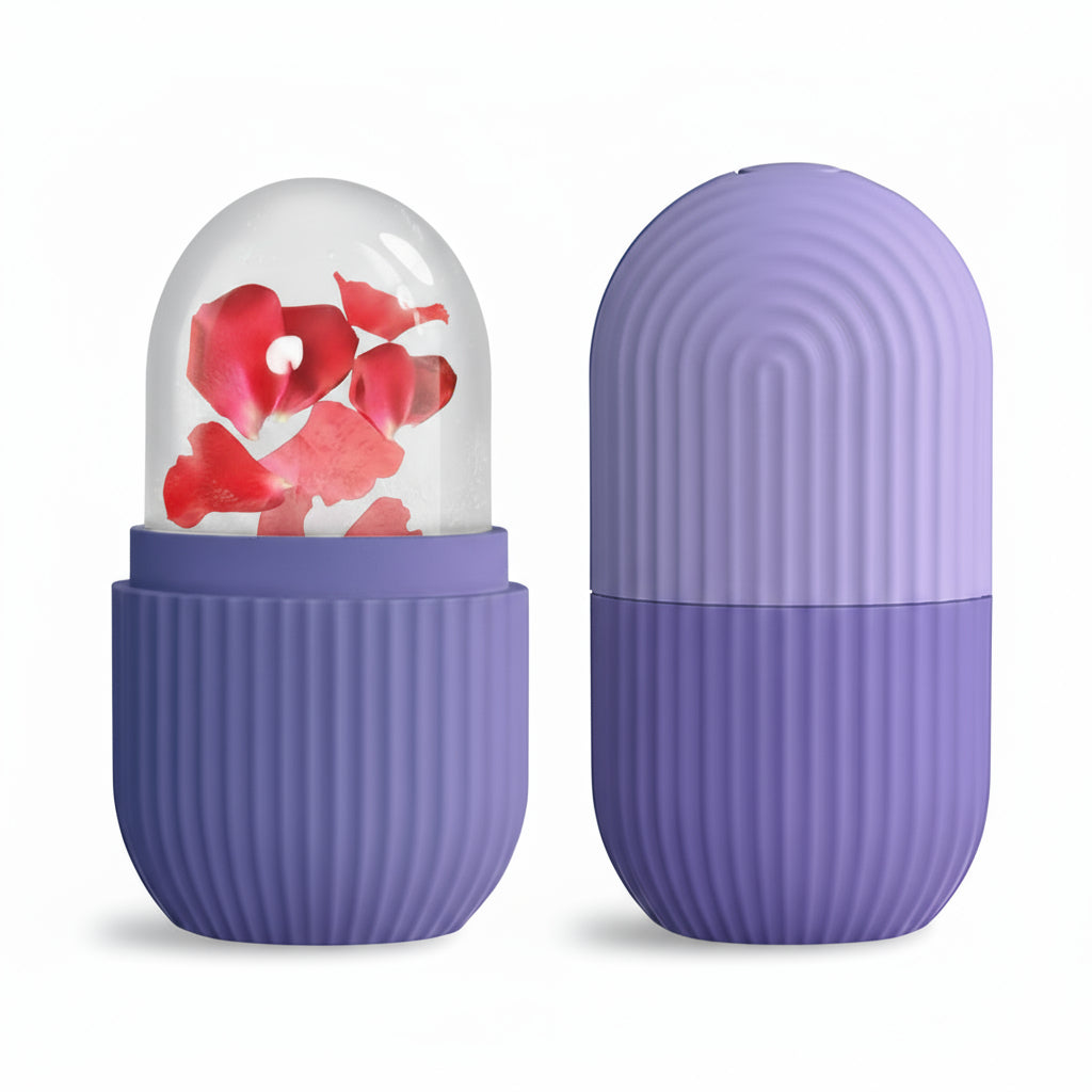 Purple lip balm with floral design on top and water splashes around it.