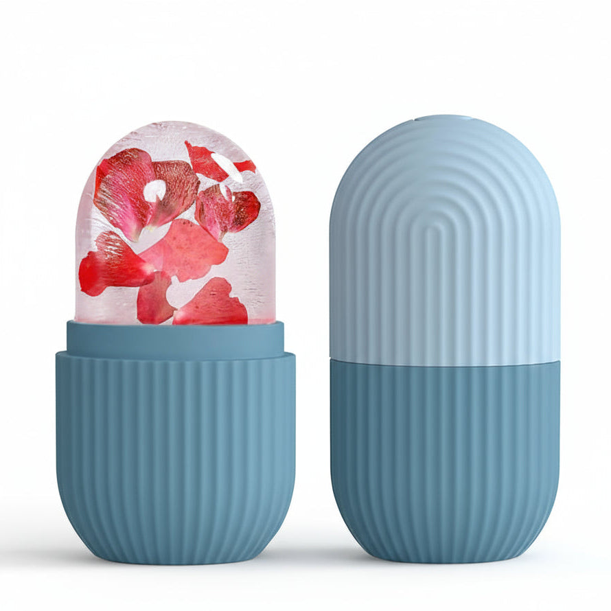 Blue lip balm with floral design on top and water splash graphics