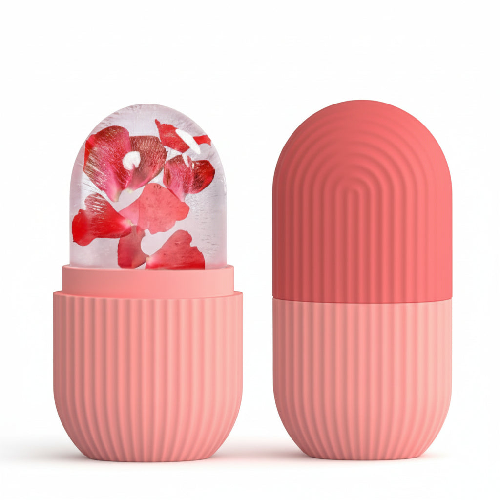 Pink cosmetic container with floral design on a gray background