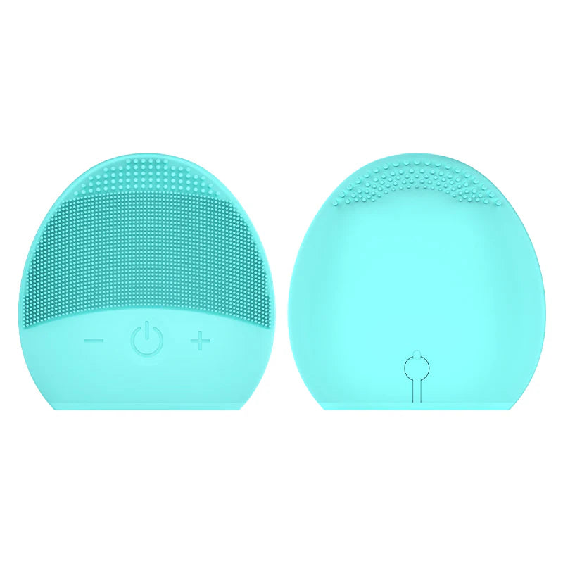 Two turquoise silicone face cleaning brushes on a white background